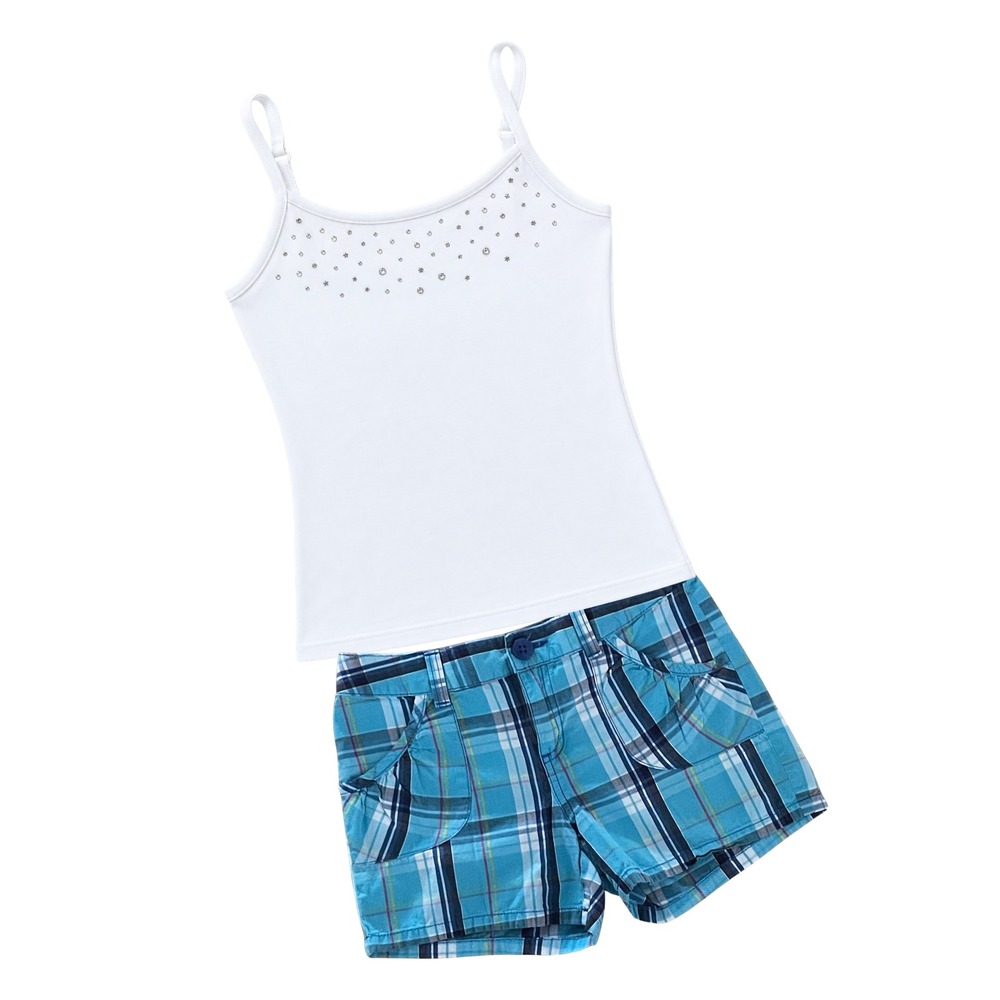 Girls Blue Plaid Shorts and White Rhinestone Shelf Bra Camisole Set Size 12